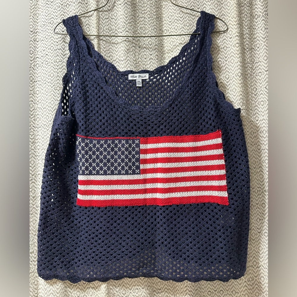 White Birch Navy and Red Flag Knit Top